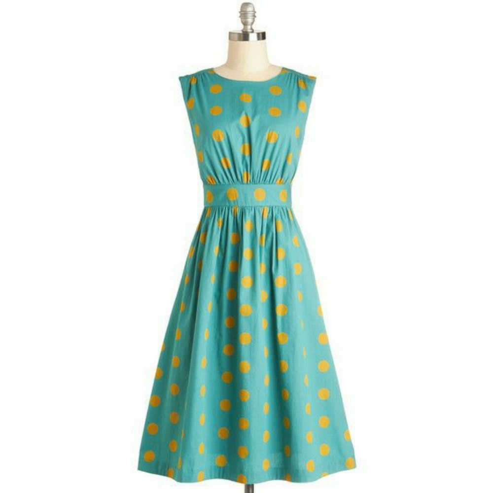 Sleeveless Teal Midi Dress with Yellow Polka Dots